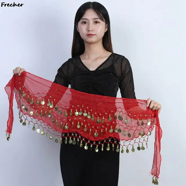 Indian Dance Practice Performance Hip Skirts Women Belly Dance Skirt Waist Chain Chiffon Gold Tassel Belts Female Sexy Clubwear