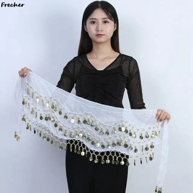Indian Dance Practice Performance Hip Skirts Women Belly Dance Skirt Waist Chain Chiffon Gold Tassel Belts Female Sexy Clubwear