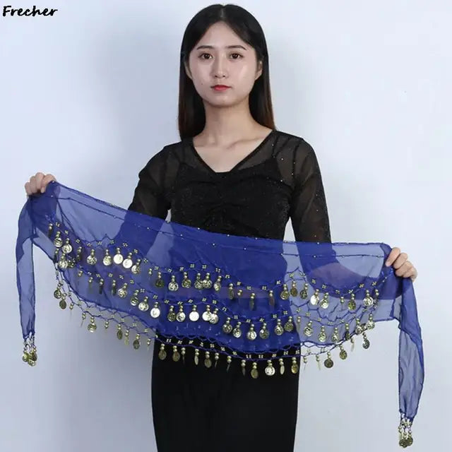 Indian Dance Practice Performance Hip Skirts Women Belly Dance Skirt Waist Chain Chiffon Gold Tassel Belts Female Sexy Clubwear
