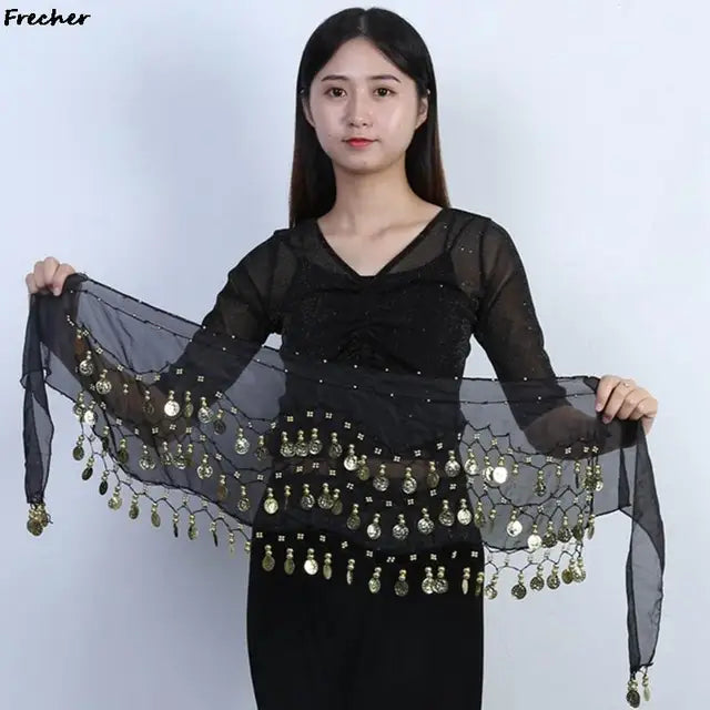 Indian Dance Practice Performance Hip Skirts Women Belly Dance Skirt Waist Chain Chiffon Gold Tassel Belts Female Sexy Clubwear