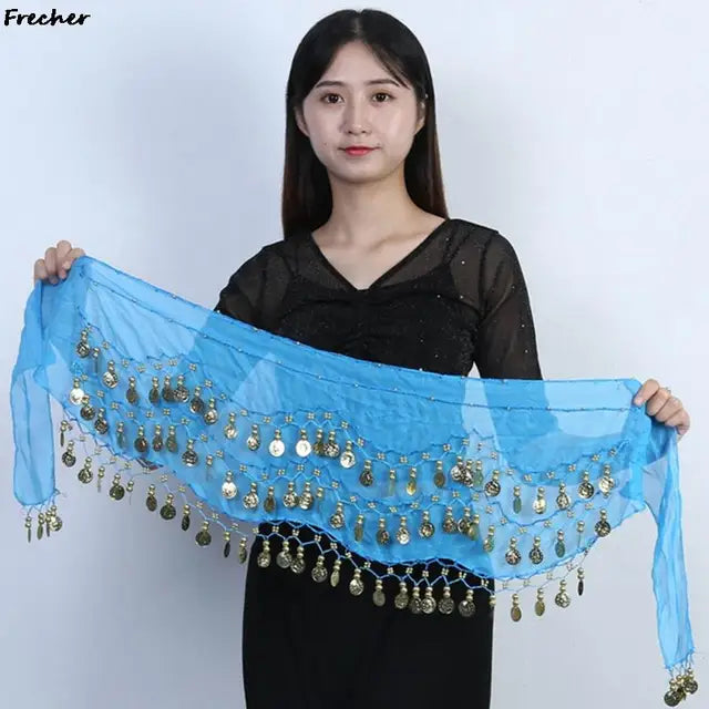Indian Dance Practice Performance Hip Skirts Women Belly Dance Skirt Waist Chain Chiffon Gold Tassel Belts Female Sexy Clubwear
