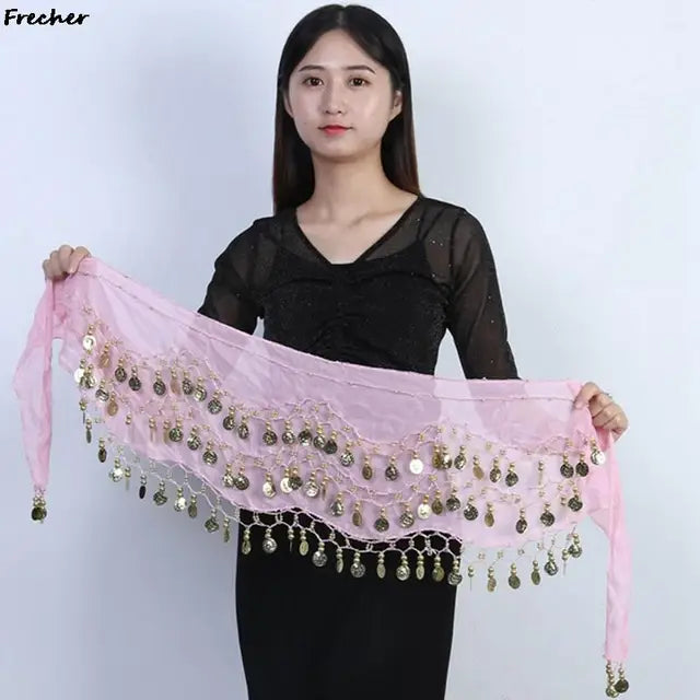 Indian Dance Practice Performance Hip Skirts Women Belly Dance Skirt Waist Chain Chiffon Gold Tassel Belts Female Sexy Clubwear