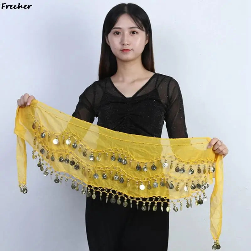 Indian Dance Practice Performance Hip Skirts Women Belly Dance Skirt Waist Chain Chiffon Gold Tassel Belts Female Sexy Clubwear