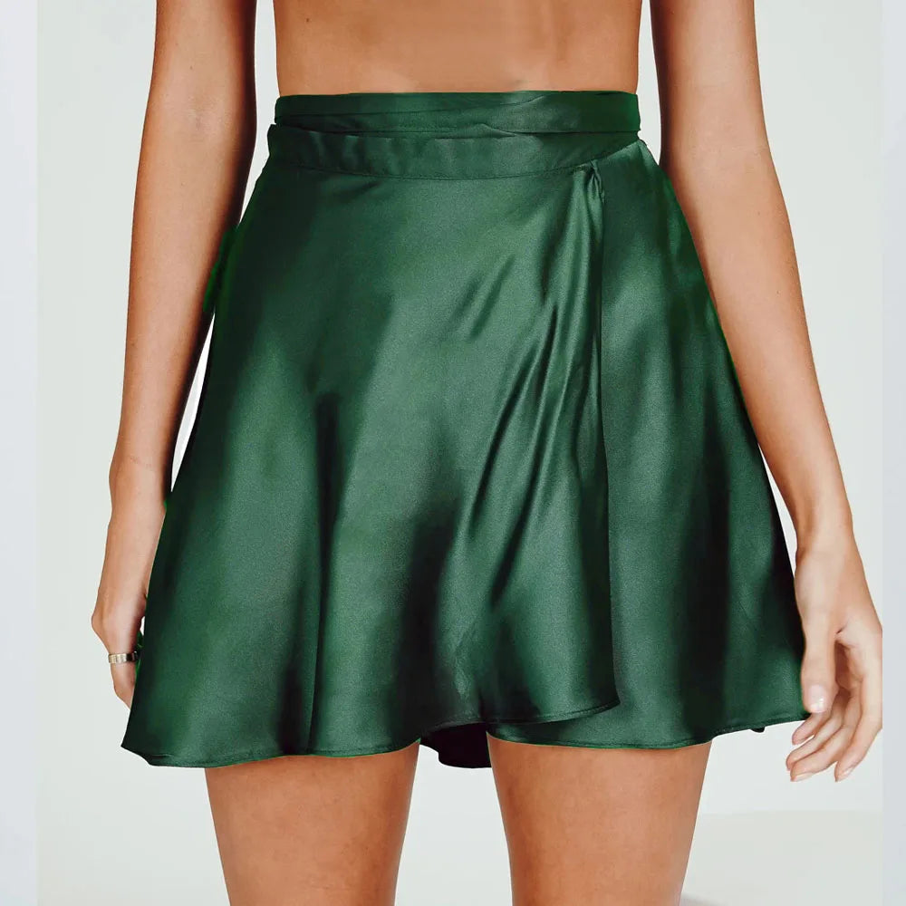 One Piece High Waist Mini Sexy Satin Skirt Women Summer White Black Elegant Lace-up wrap skirt Faldas