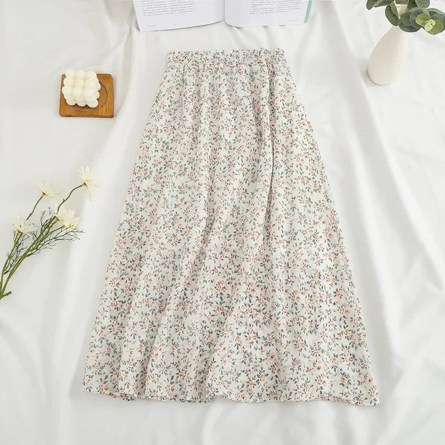 Summer Long Skirts for Women Boho Elegant Floral Print Pleated A Line Skirt Korean Harajuku Chic Simple Midi Chiffon Skirts