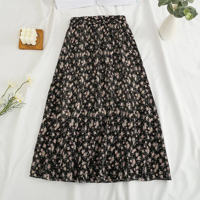 Summer Long Skirts for Women Boho Elegant Floral Print Pleated A Line Skirt Korean Harajuku Chic Simple Midi Chiffon Skirts