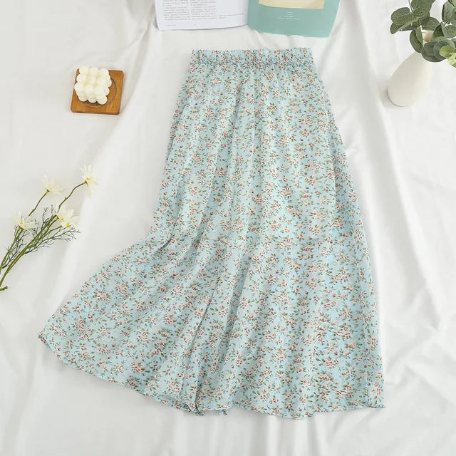Summer Long Skirts for Women Boho Elegant Floral Print Pleated A Line Skirt Korean Harajuku Chic Simple Midi Chiffon Skirts