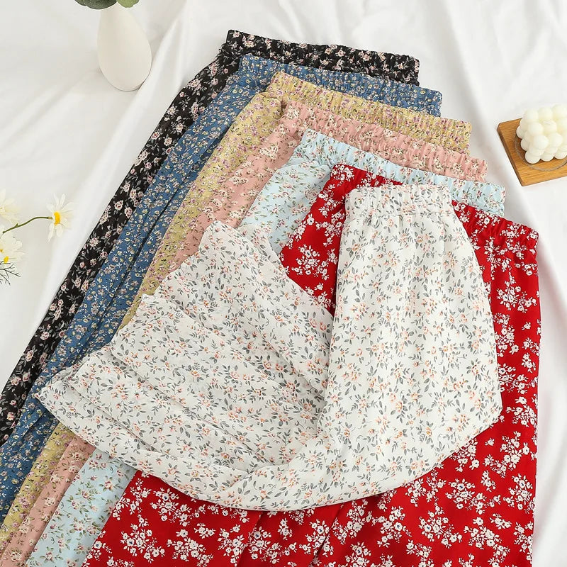 Summer Long Skirts for Women Boho Elegant Floral Print Pleated A Line Skirt Korean Harajuku Chic Simple Midi Chiffon Skirts