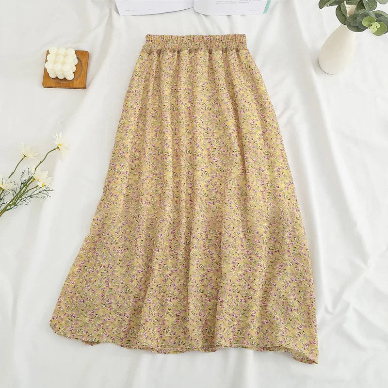 Summer Long Skirts for Women Boho Elegant Floral Print Pleated A Line Skirt Korean Harajuku Chic Simple Midi Chiffon Skirts