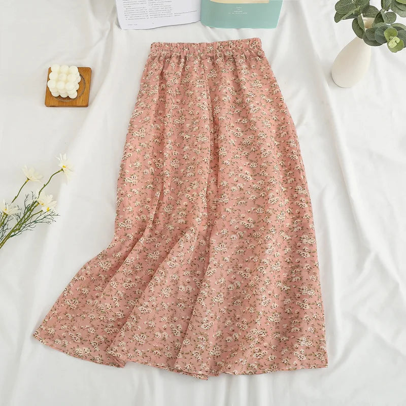Summer Long Skirts for Women Boho Elegant Floral Print Pleated A Line Skirt Korean Harajuku Chic Simple Midi Chiffon Skirts